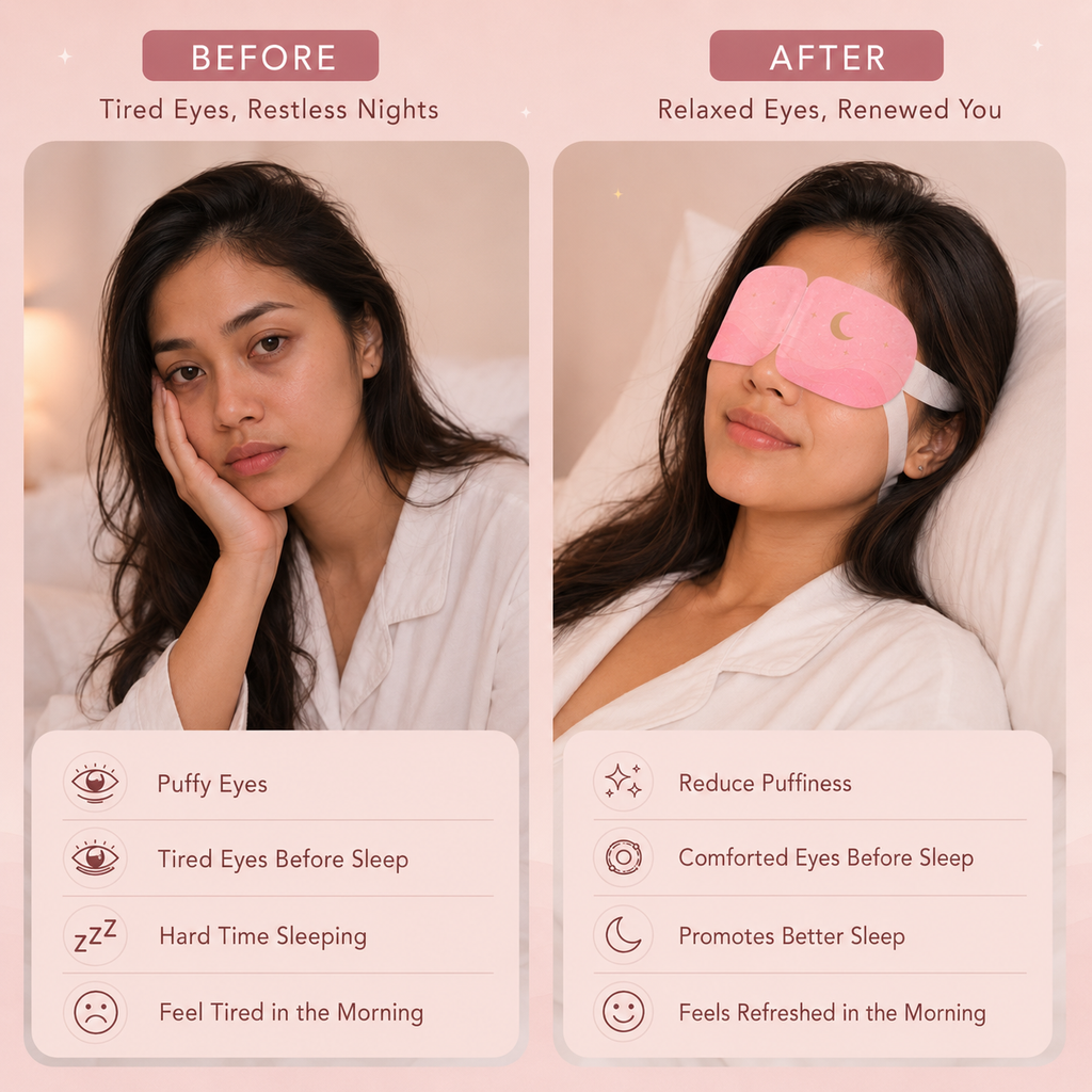 Before and after comparison of a woman wearing a pink eye mask, with text highlighting the product's benefits.