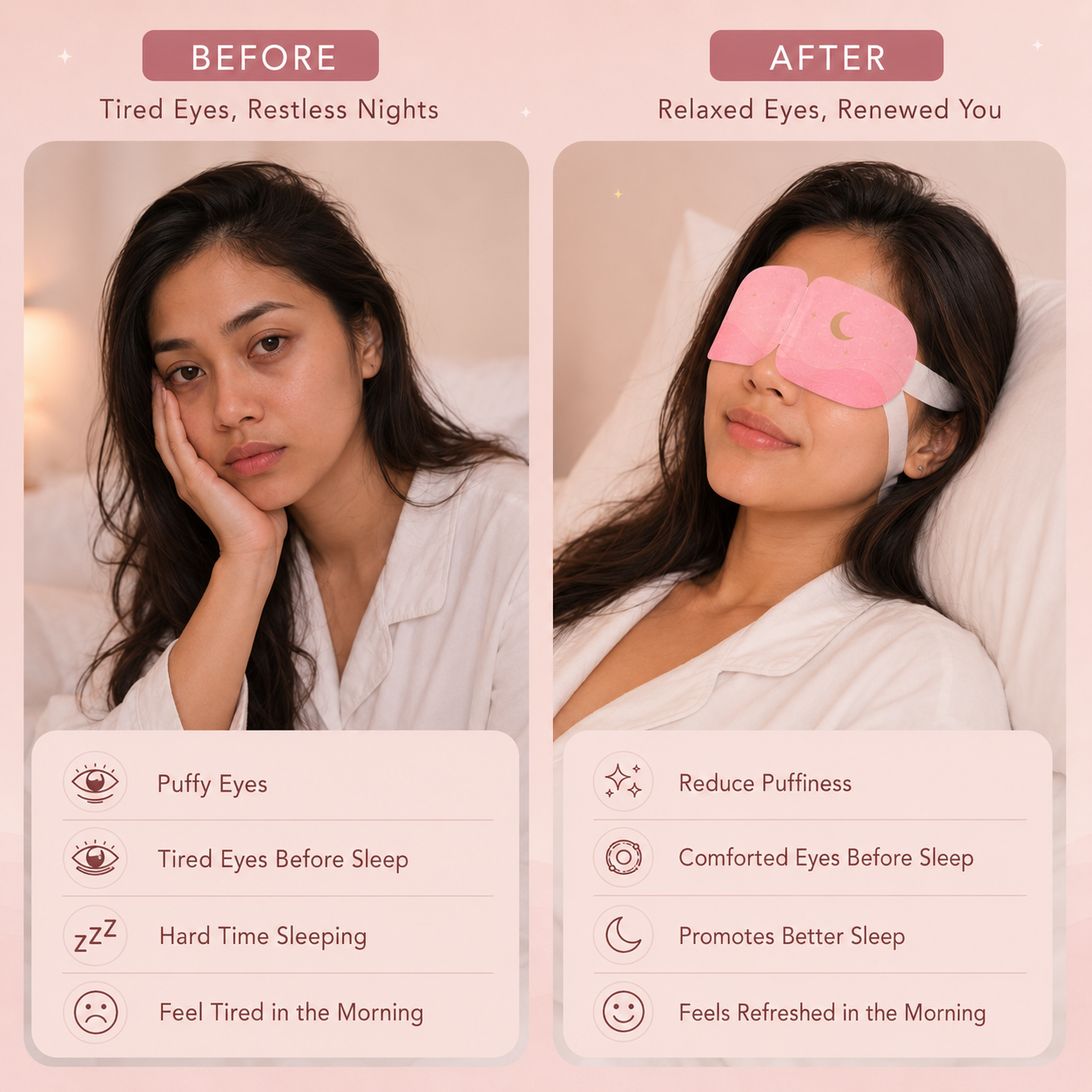 Before and after comparison of a woman wearing a pink eye mask, with text highlighting the product's benefits.